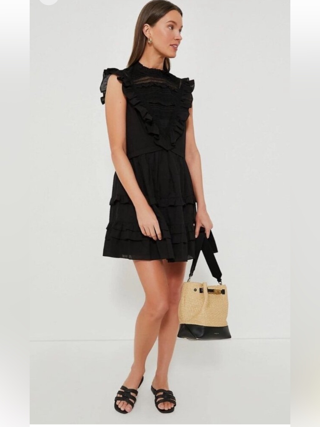 Pomander Place Cecilia Ruffle Mini Dress Black Size L Lace Pintuck Tiered